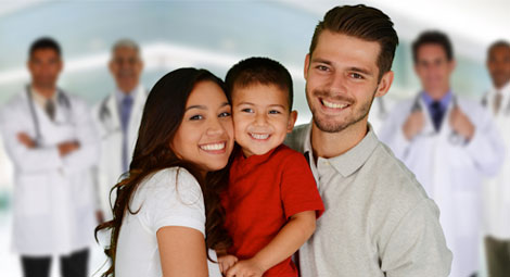 Family with doctors behind